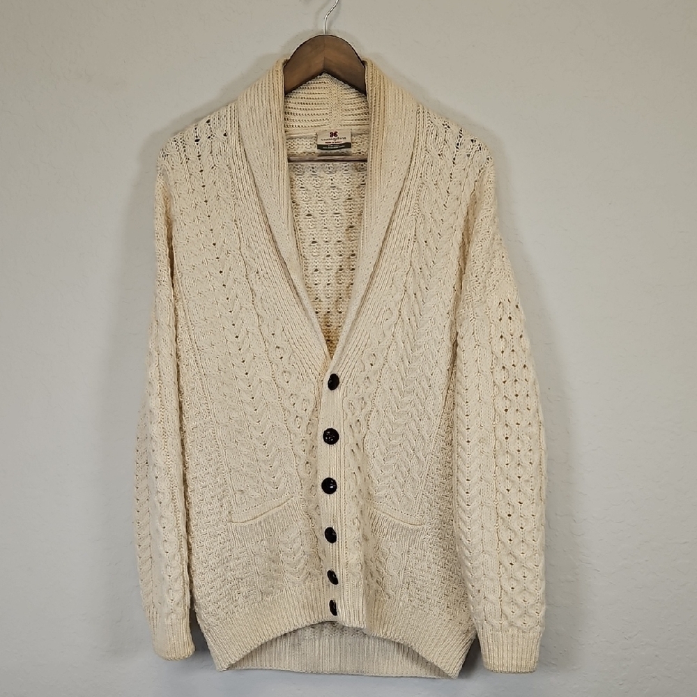 Carraig Donn Made In Ireland 100% Wool Cable Knit Fishermans Cardigan, Sz Medium - Picture 2 of 11